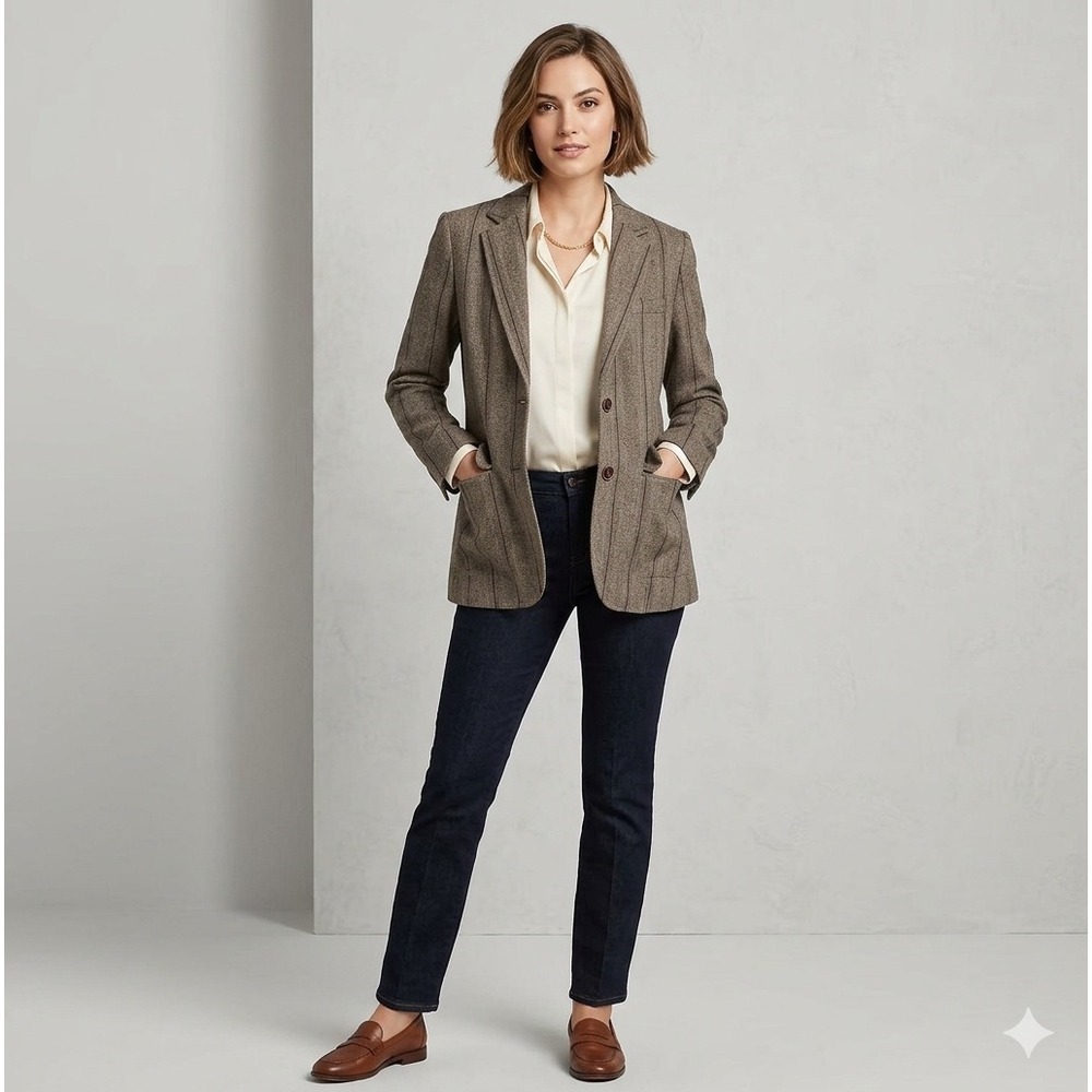 Eddie Bauer Blazer Women 12 Brown Herringbone Wool Blend Pinstripe Jacket